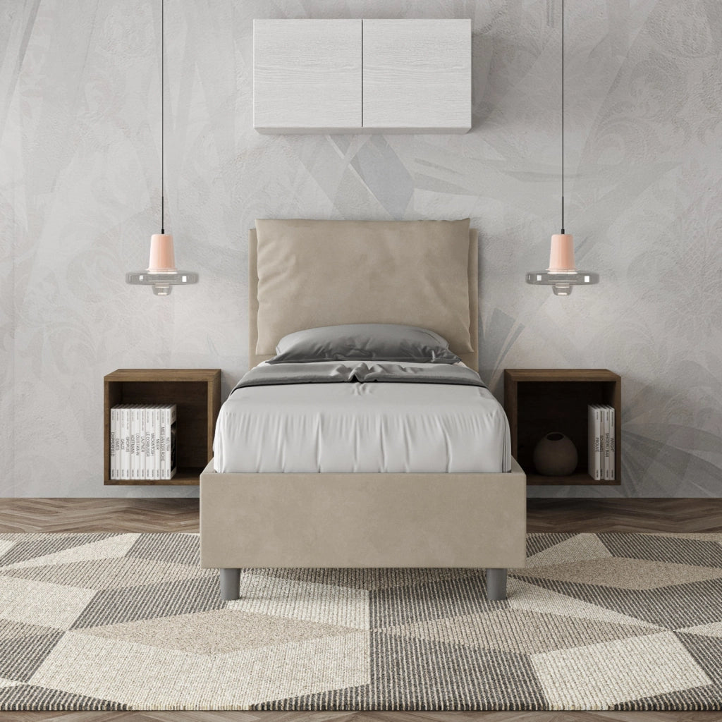 BS COM Letto singolo contenitore imbottito 90x210 microfibra sabbia
