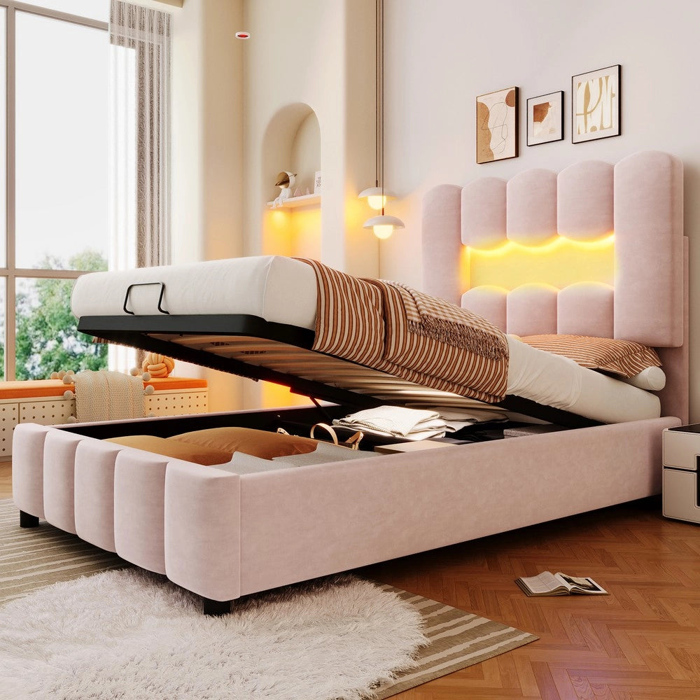 Letto Imbottito con Contenitore e LED ¨C MINIMAL ¨C Velluto Rosa 90x200