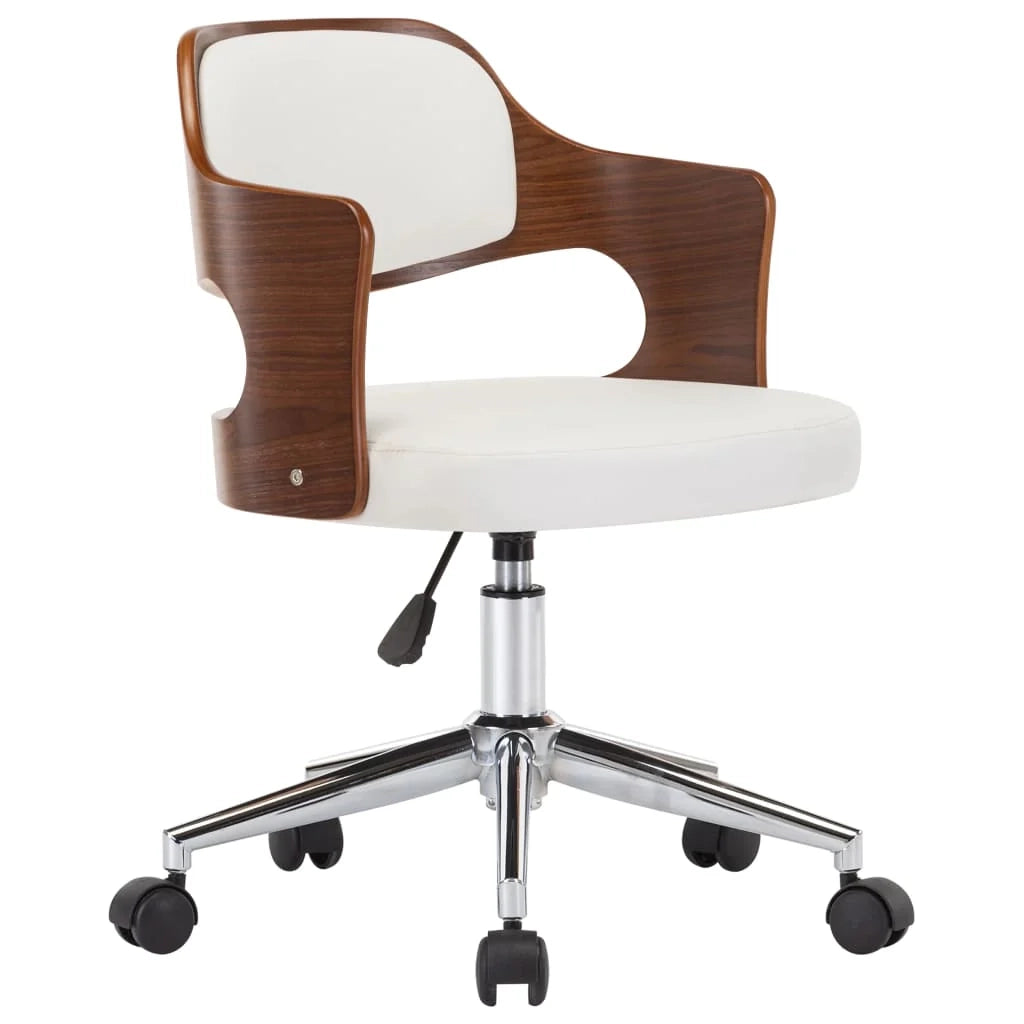Sedia girevole da ufficio/studio in legno curvato e similpelle bianca 02_0024082