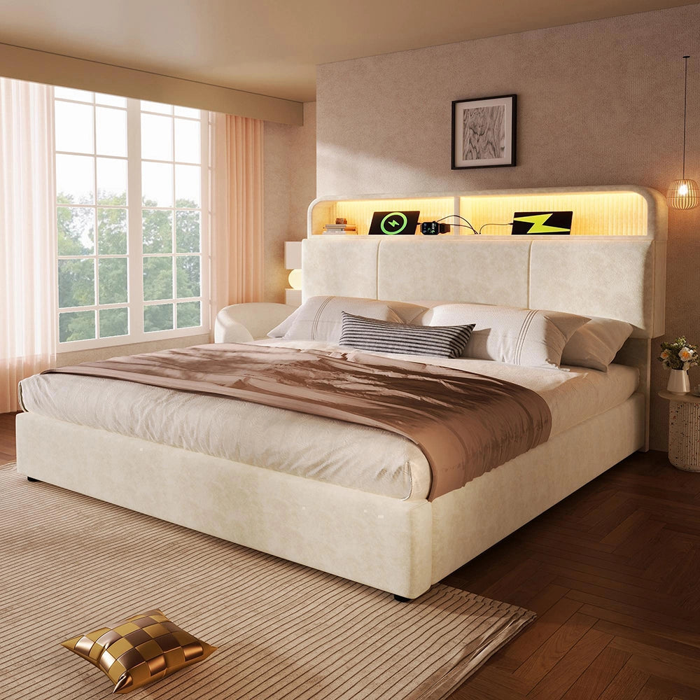 Letto 140x200cm?- Xylo - idraulico LED USB velluto beige