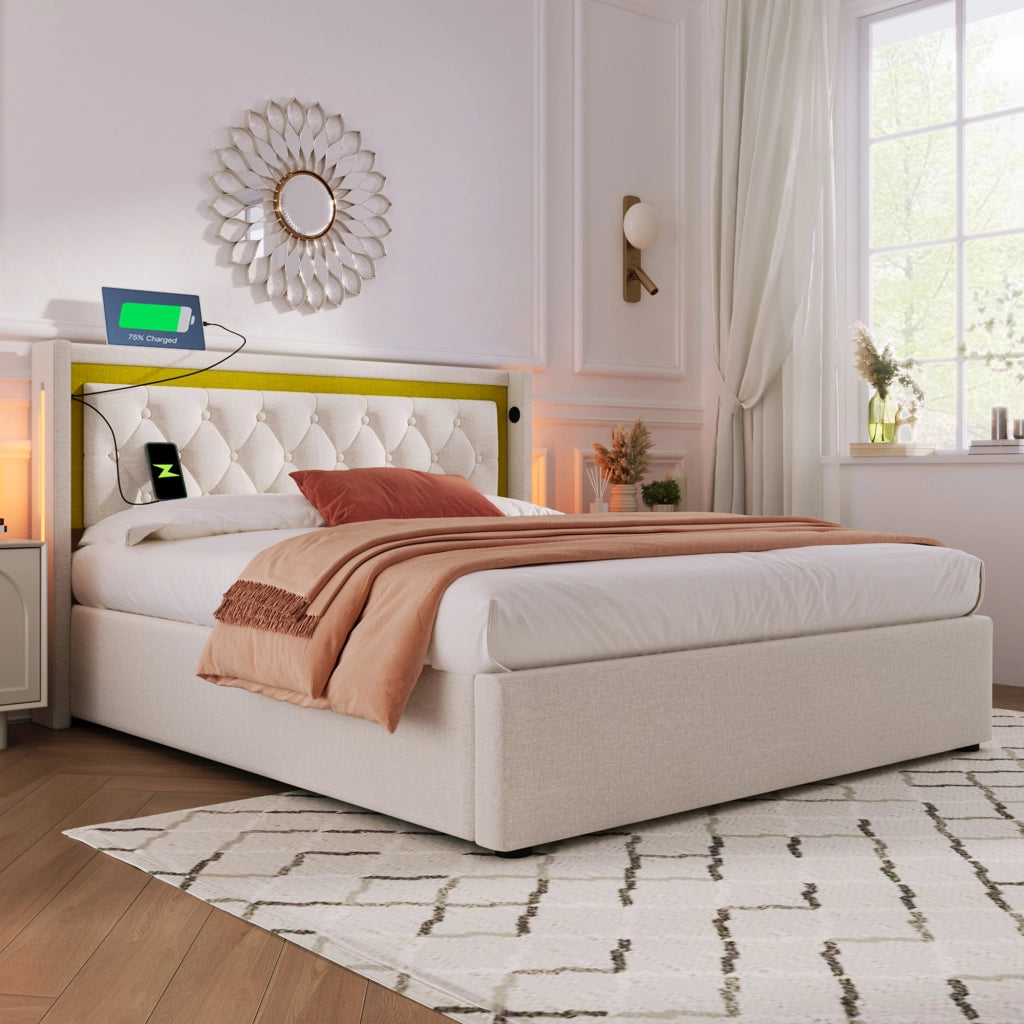 LETTO imbottito 140x200 cm Beige con LED, USB+Type C e materasso incluso