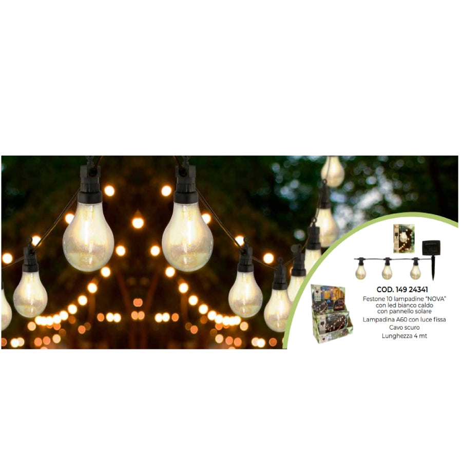 FESTONE LUMINOSO 10 LAMPADINE CON LED BIANCO CALDO SOLARE