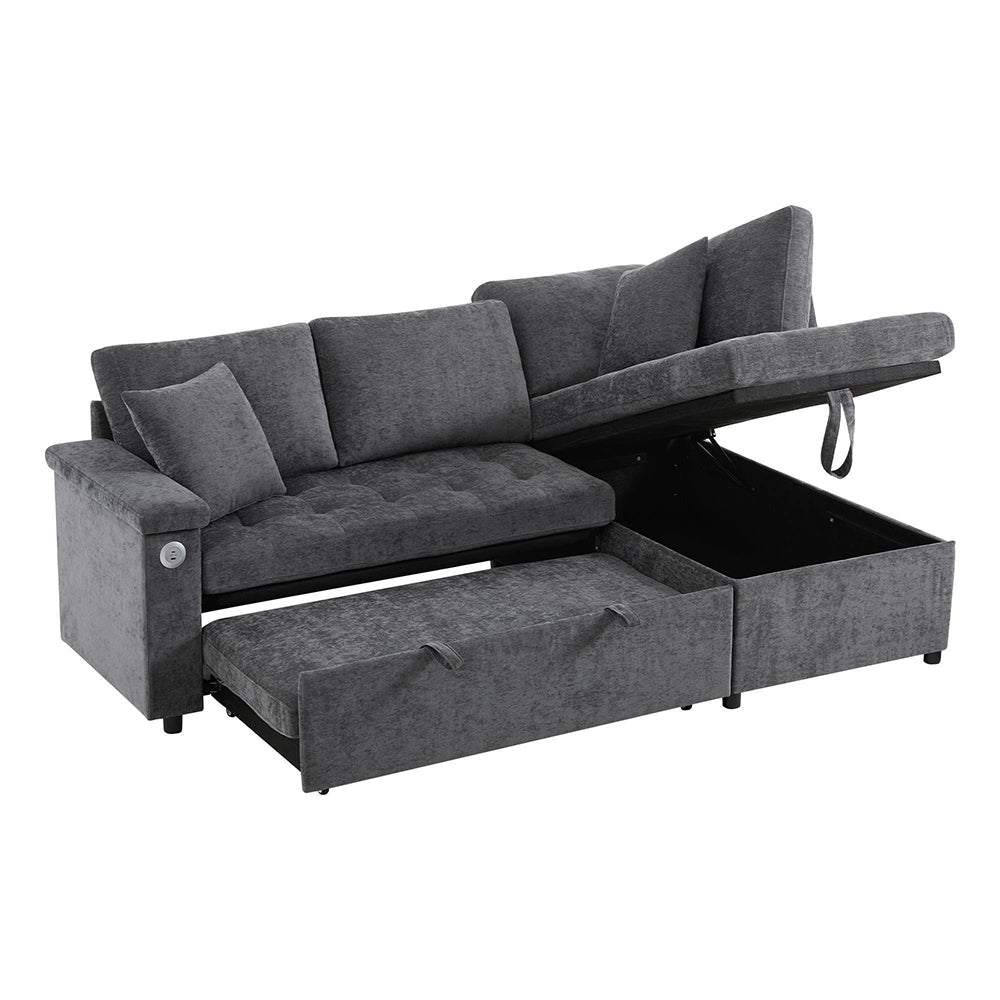 Divano moderno a L - Xylo - Letto convertibile, USB, grigio