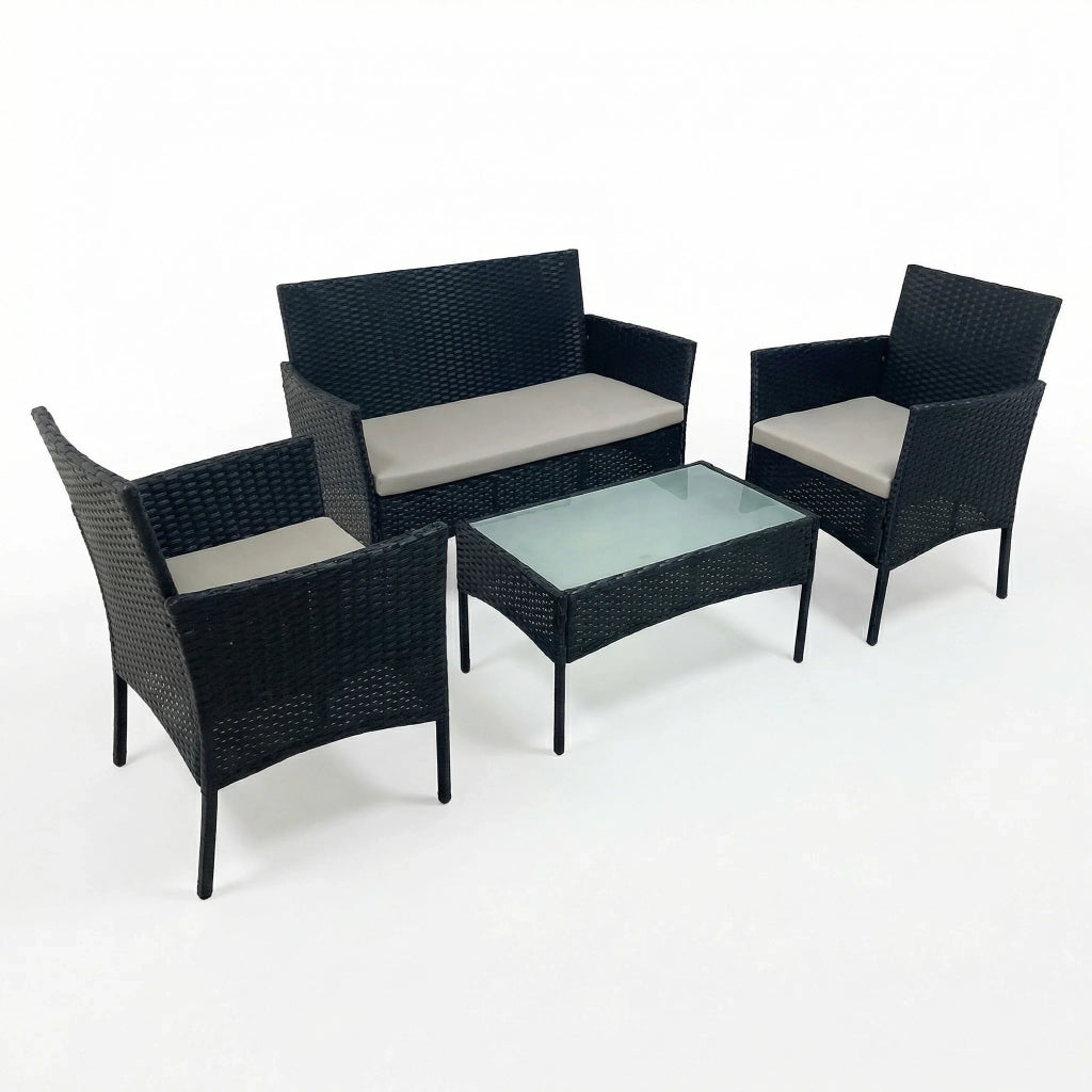 Set salotto da giardino Nivo in rattan sintetico, divano + 2 poltrone + tavolino con top in vetro