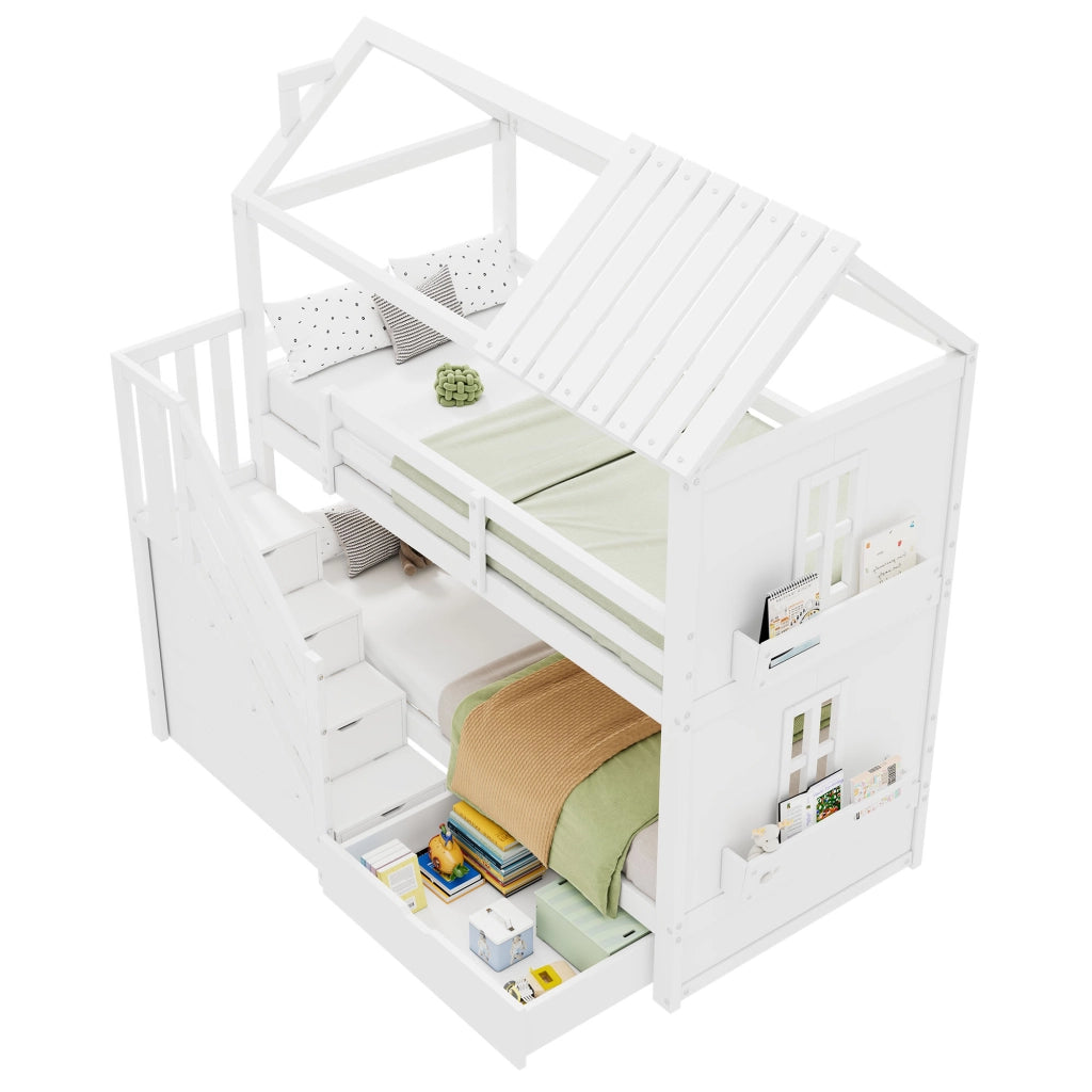 LETTO a castello 90x200 cm bianco con scala contenitore e cassetti