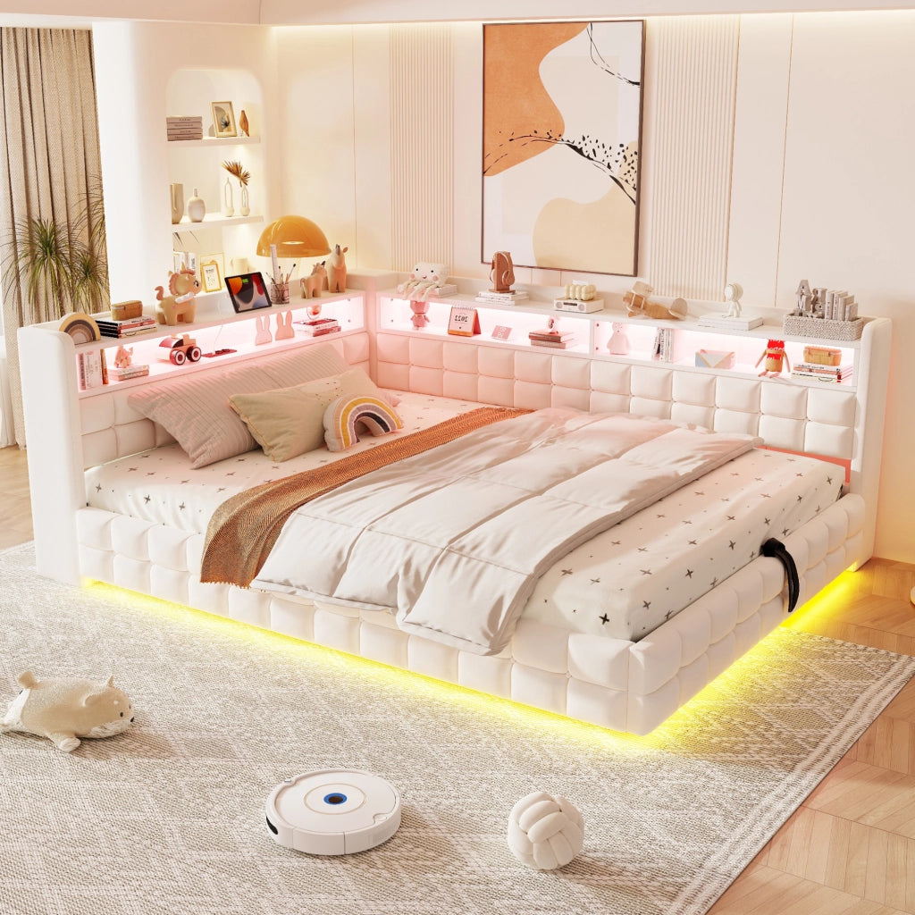 LETTO imbottito 140x200 cm Beige con contenitore idraulico, LED e prese USB-C