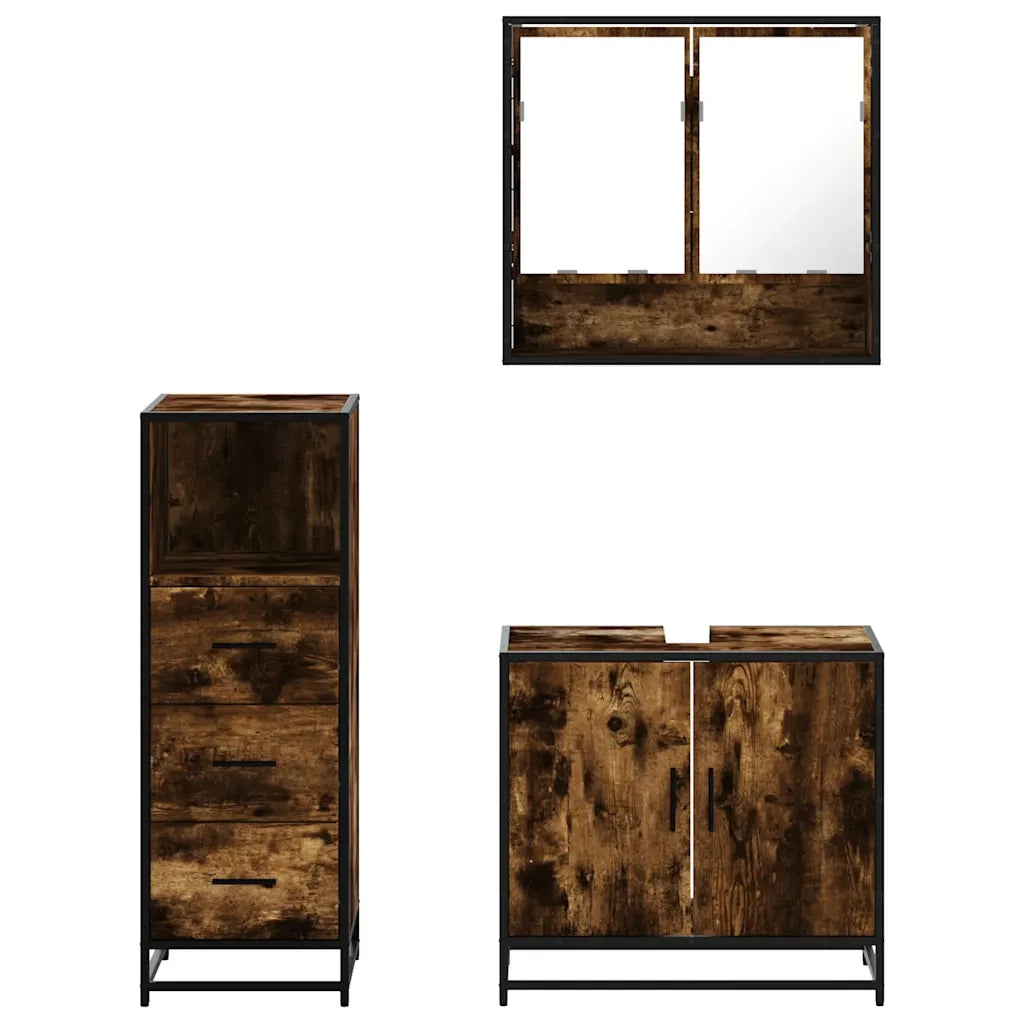 Set Mobili da Bagno 3 pz Rovere Fumo in Legno Multistrato 3301037