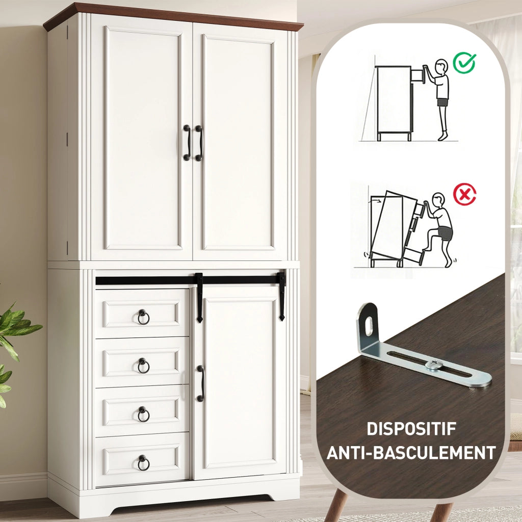 Colonna da cucina con 4 cassetti, ripiani regolabili e soft-close, mensola laterale, per cucina, bianco, 80 × 39,8 × 180 cm