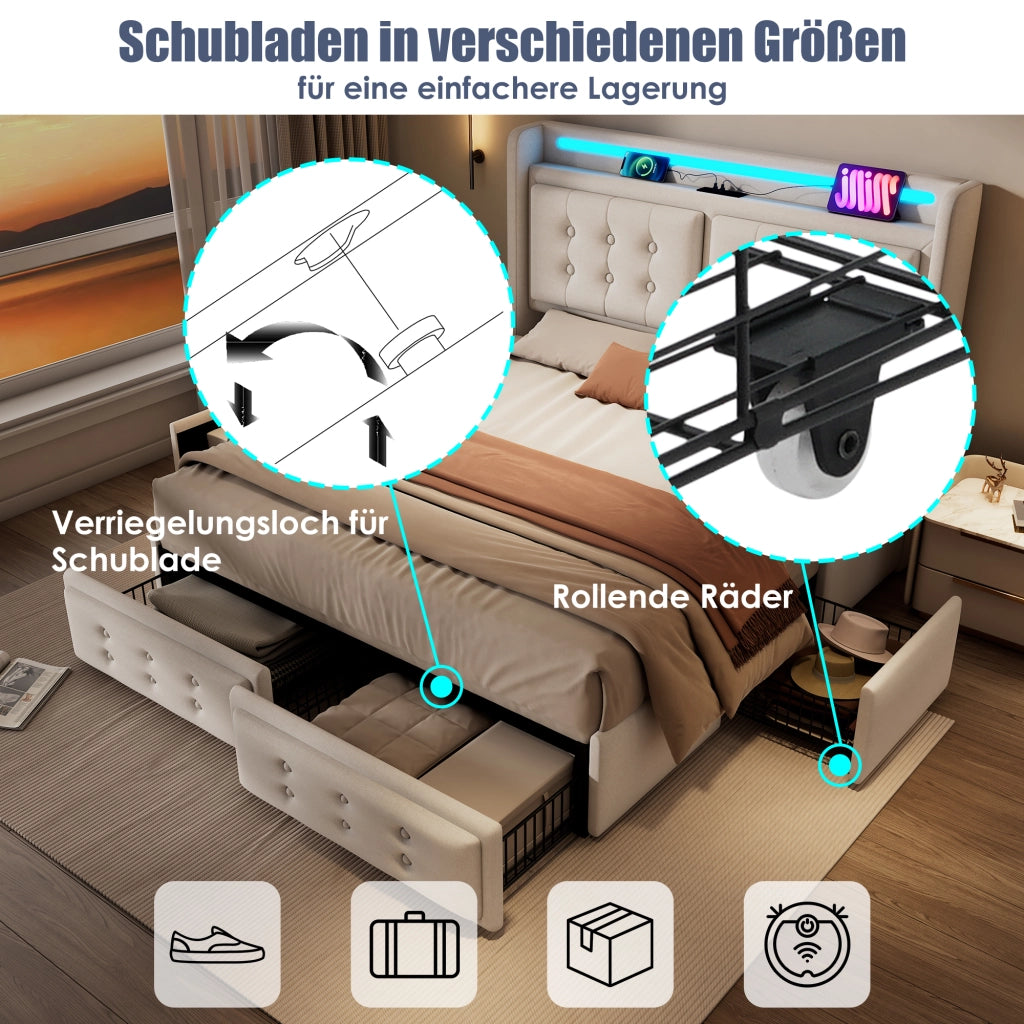 LETTO imbottito 160x200 cm Beige con LED, USB e 4 cassetti