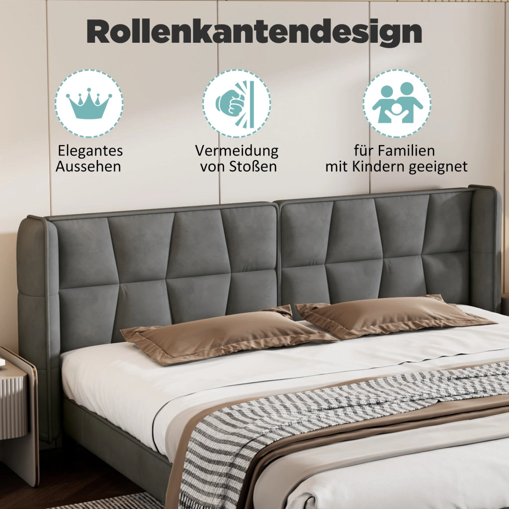 LETTO Imbottito 180x200 cm in Velluto Grigio con Rete a Doghe