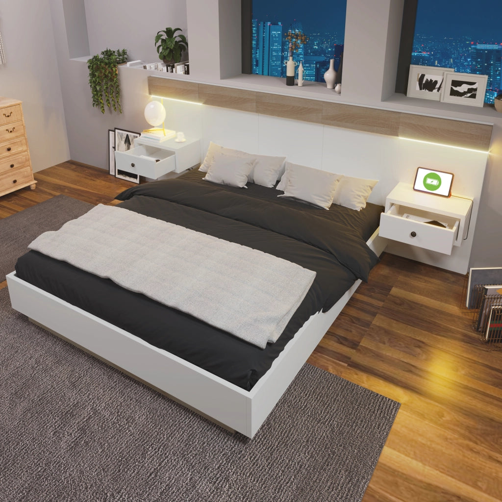 LETTO 140x200 cm con 2 comodini LED, USB/Tipo C, Bianco e Rovere Sonoma