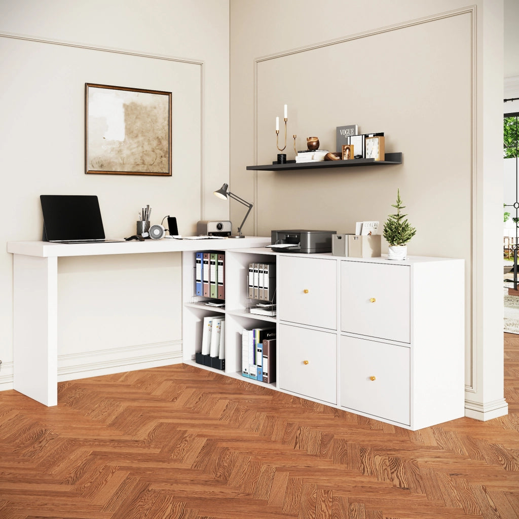 Scrivania angolare girevole 360° in MDF bianco; 120×48×78 cm con contenitore 140×35×74 cm