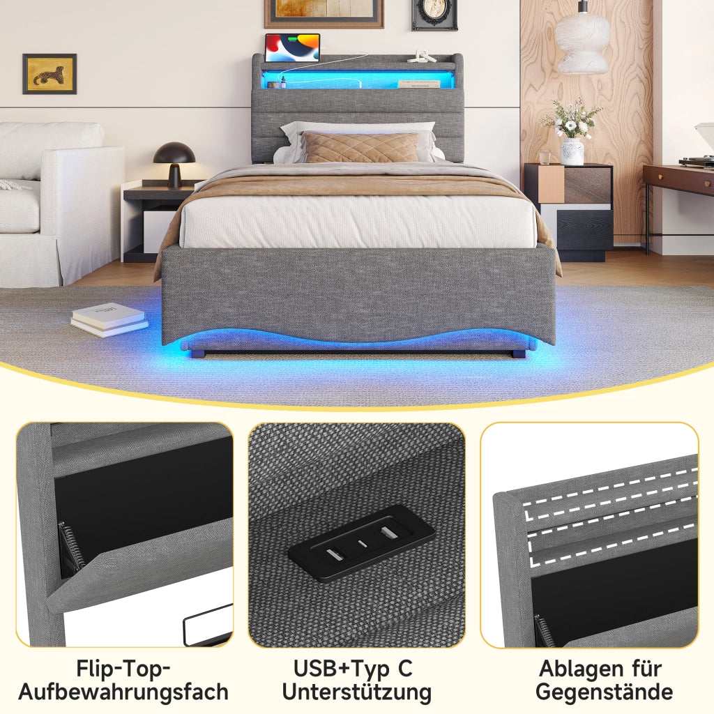 LETTO Contenitore 90x200 cm in Lino Grigio con LED, USB e Type-C
