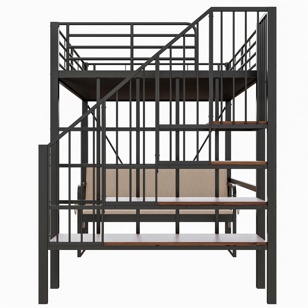 LETTO A CASTELLO 140x200 cm in metallo nero con divano e scala contenitore
