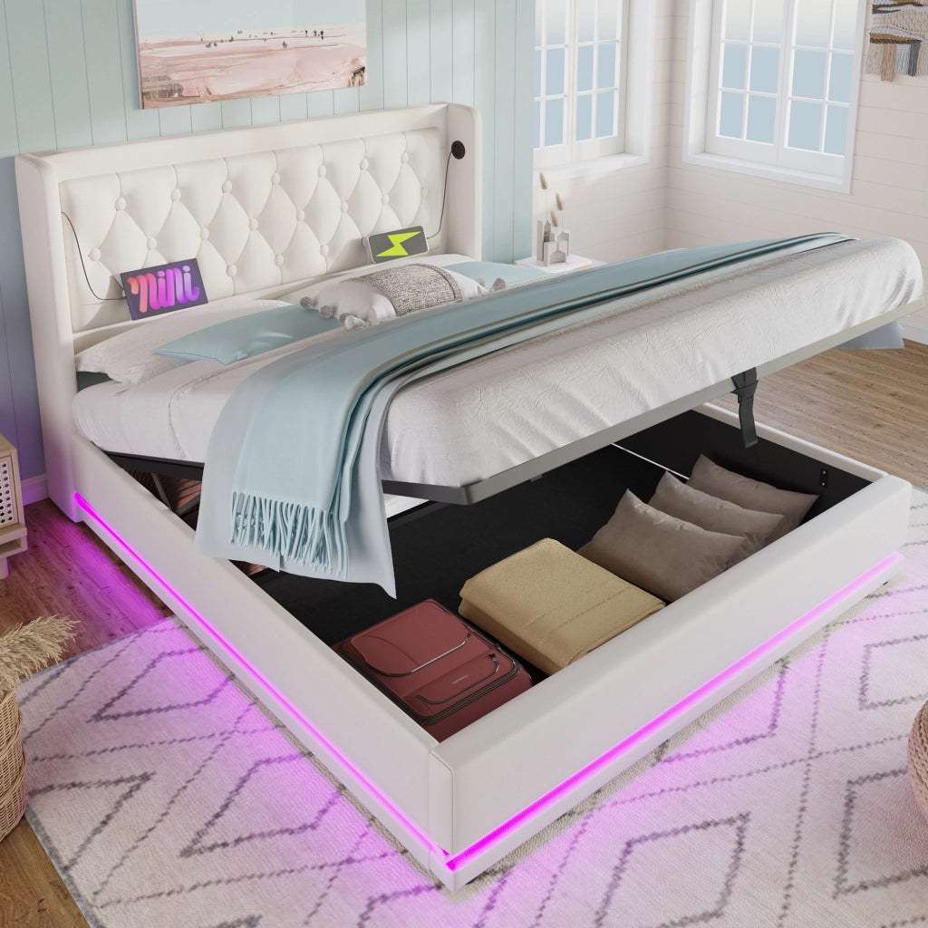 LETTO Contenitore 160x200 cm in PU Bianco con USB Type-C e LED