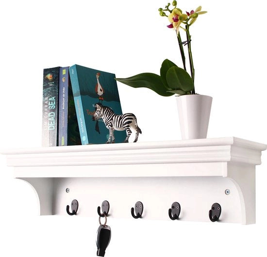 Supporto per cappelli a muro con piattaforma - Con piattaforma e appeso - 60x16x16 Cm - Legno - Bianco