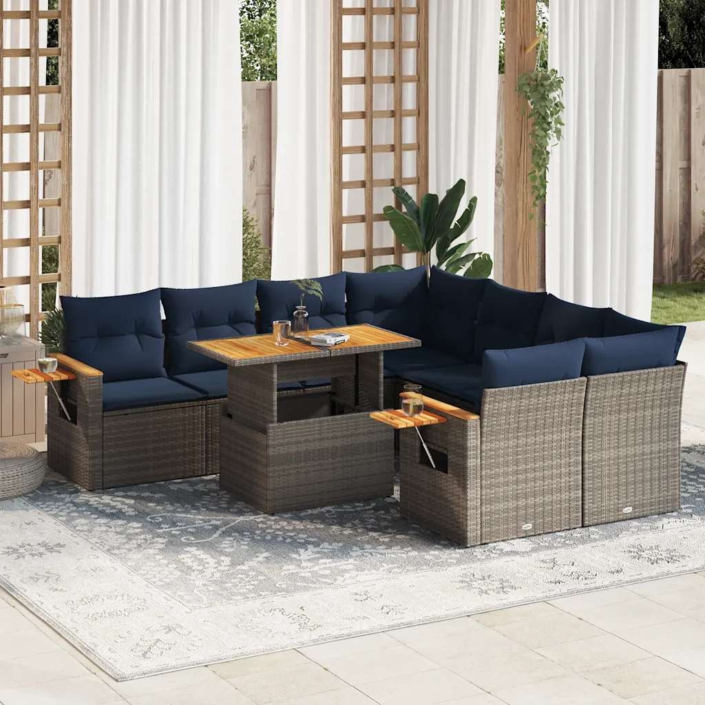 Set Divano da Giardino 9 pz con Cuscini Grigio in Polyrattan 3327582
