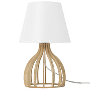 Lampada da Tavolo Base in Legno Chiaro e Paralume in Tessuto Bianco Moderna