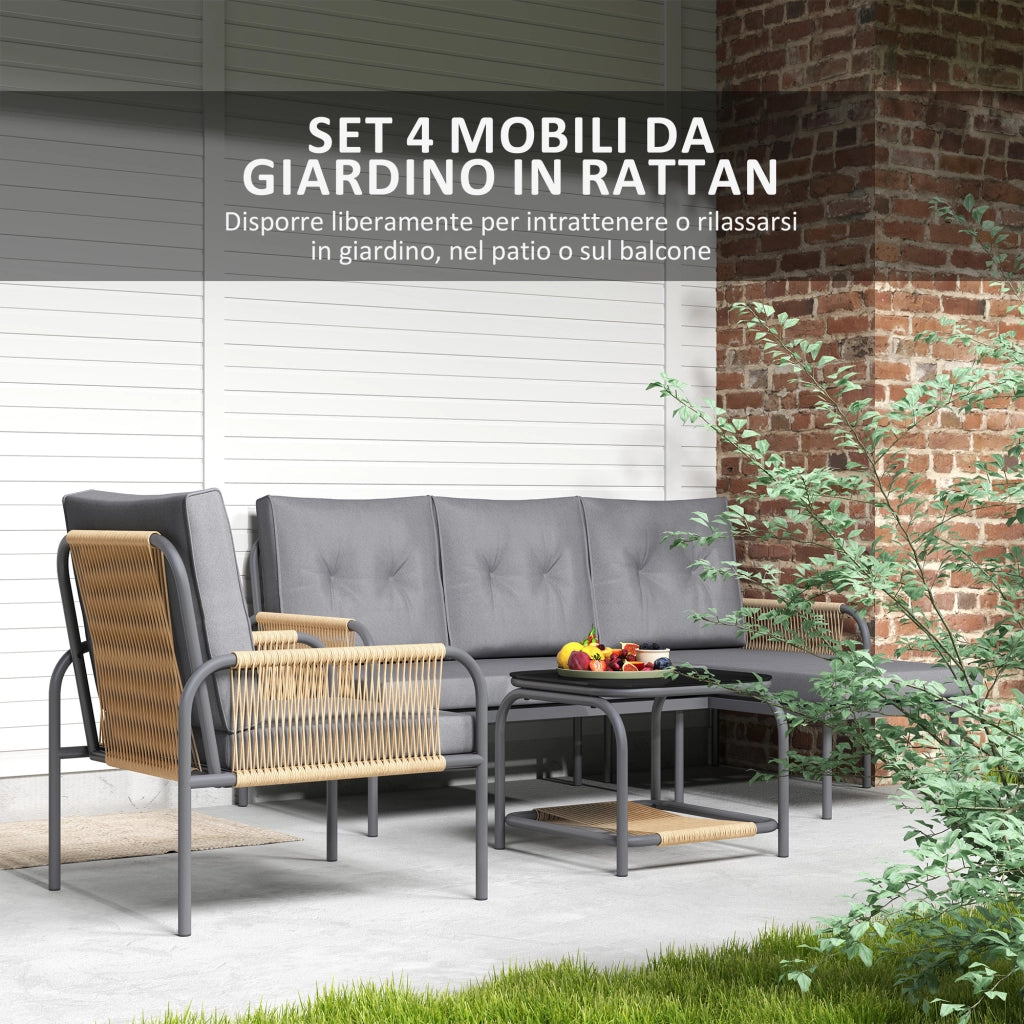 Set Giardino 4 Pezzi in Rattan con Divano ¨C Minimal ¨C Grigio