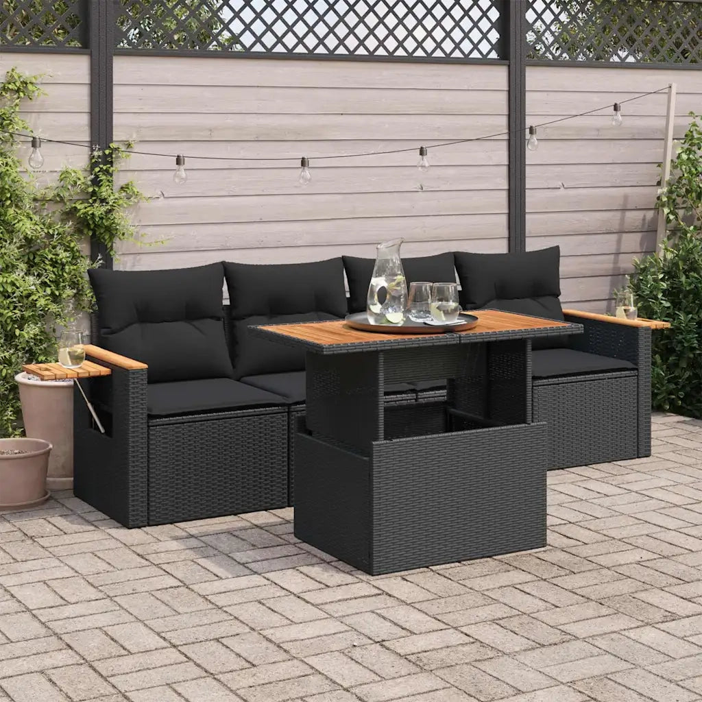 Set Divani da Giardino 5 pz con Cuscini Nero Polyrattan Acacia 3327541