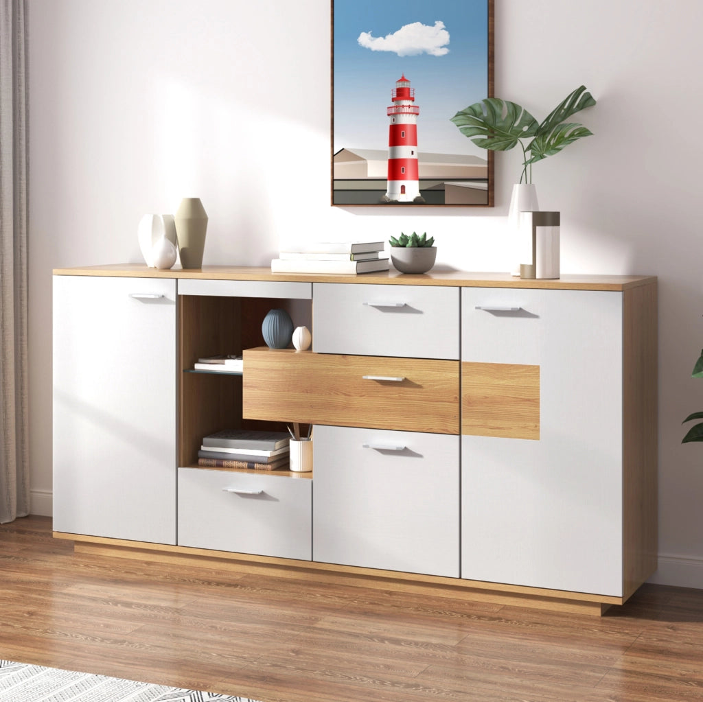 Sideboard moderno 160x40x77 cm con LED; 2 ante; 4 cassetti; MDF; legno e bianco