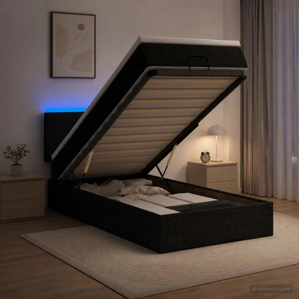 Letto Ottomano con Materasso e LED Nero 90 x 200 cm Tessuto 3456879