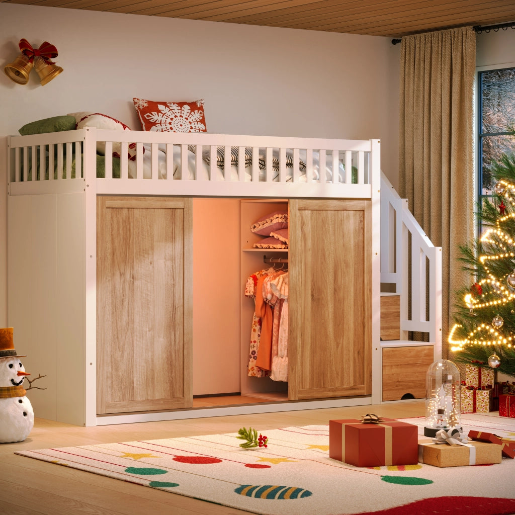 LETTO a soppalco 90x200 cm con armadio e scala, Bianco e Rovere