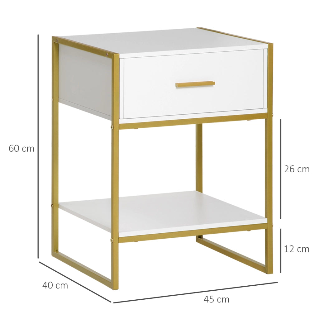 Comodini Moderni con Cassetto ¨C Minimal ¨C Bianco e Oro, MDF e Acciaio, 45x40x60cm