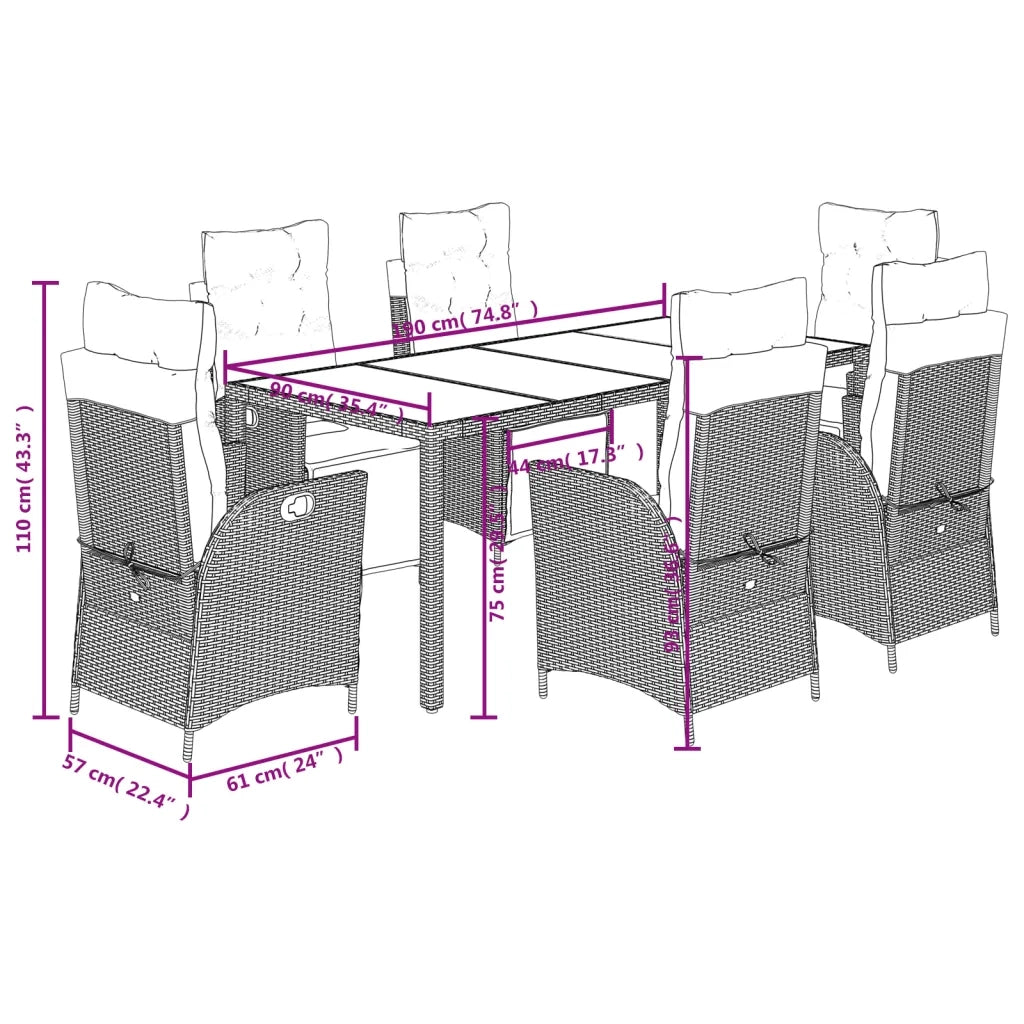Set da Pranzo da Giardino 7 pz Nero con Cuscini in Polyrattan 3213073