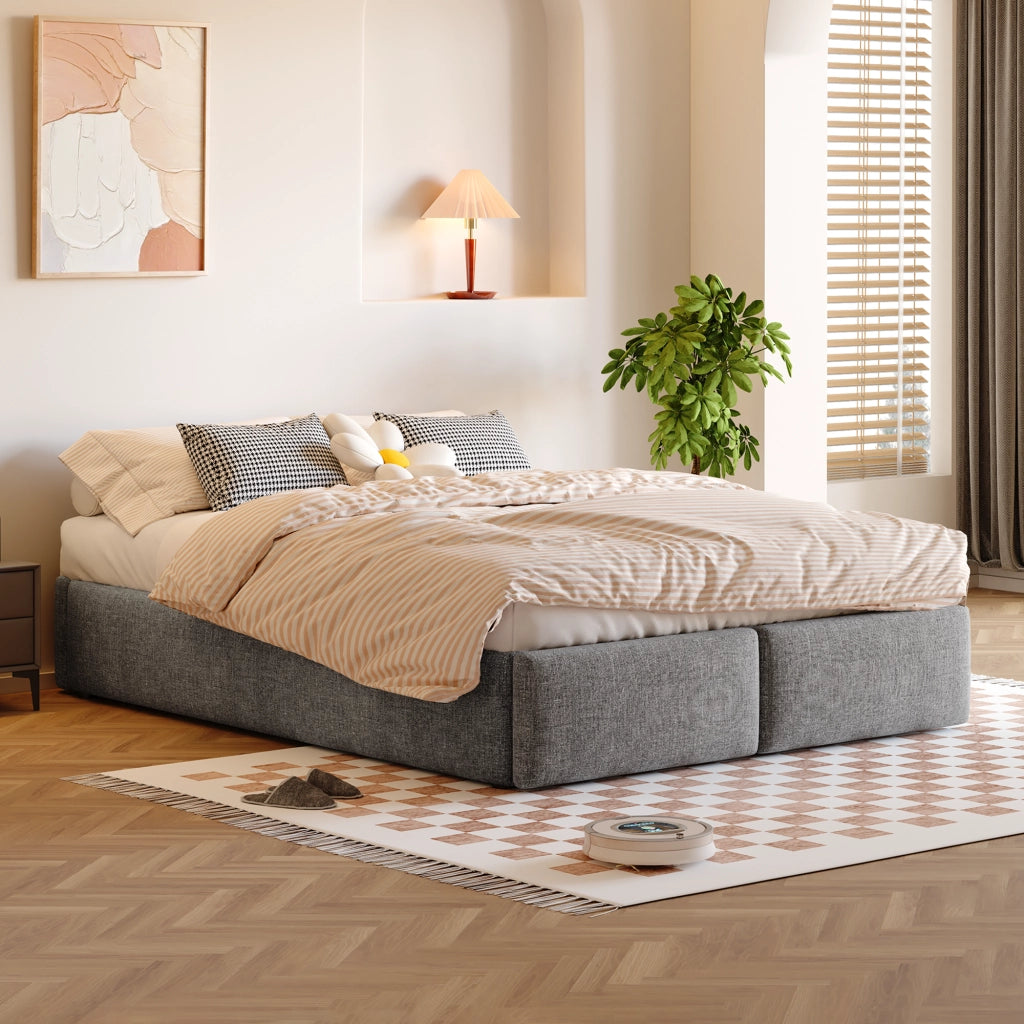 letto imbottito tessuto lino e cotone grigio 140 x 200 cm
