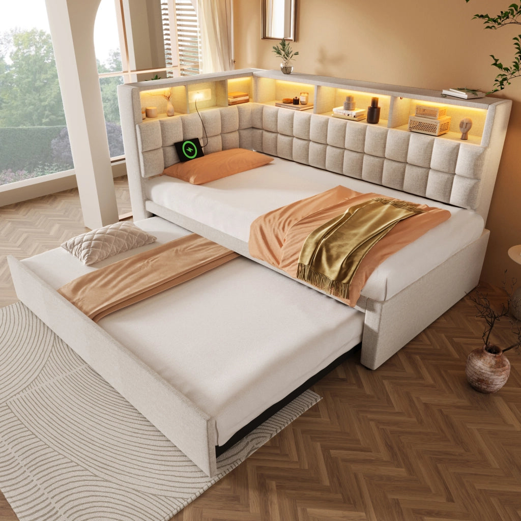 Letto imbottito con letto estraibile 90x200 cm; LED; Bluetooth; USB e Type-C; beige