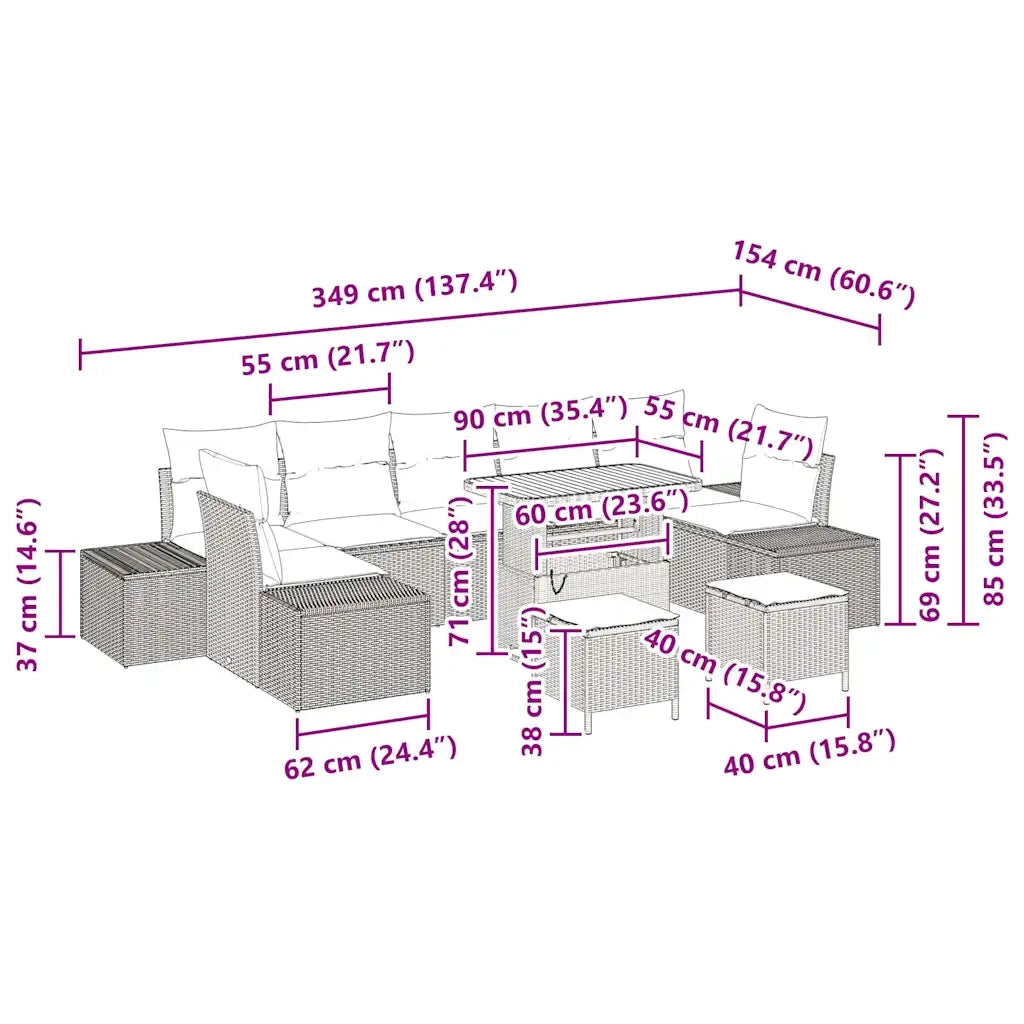 Set Divano da Giardino con cuscino 10 pcs Beige polyrattan 3362772