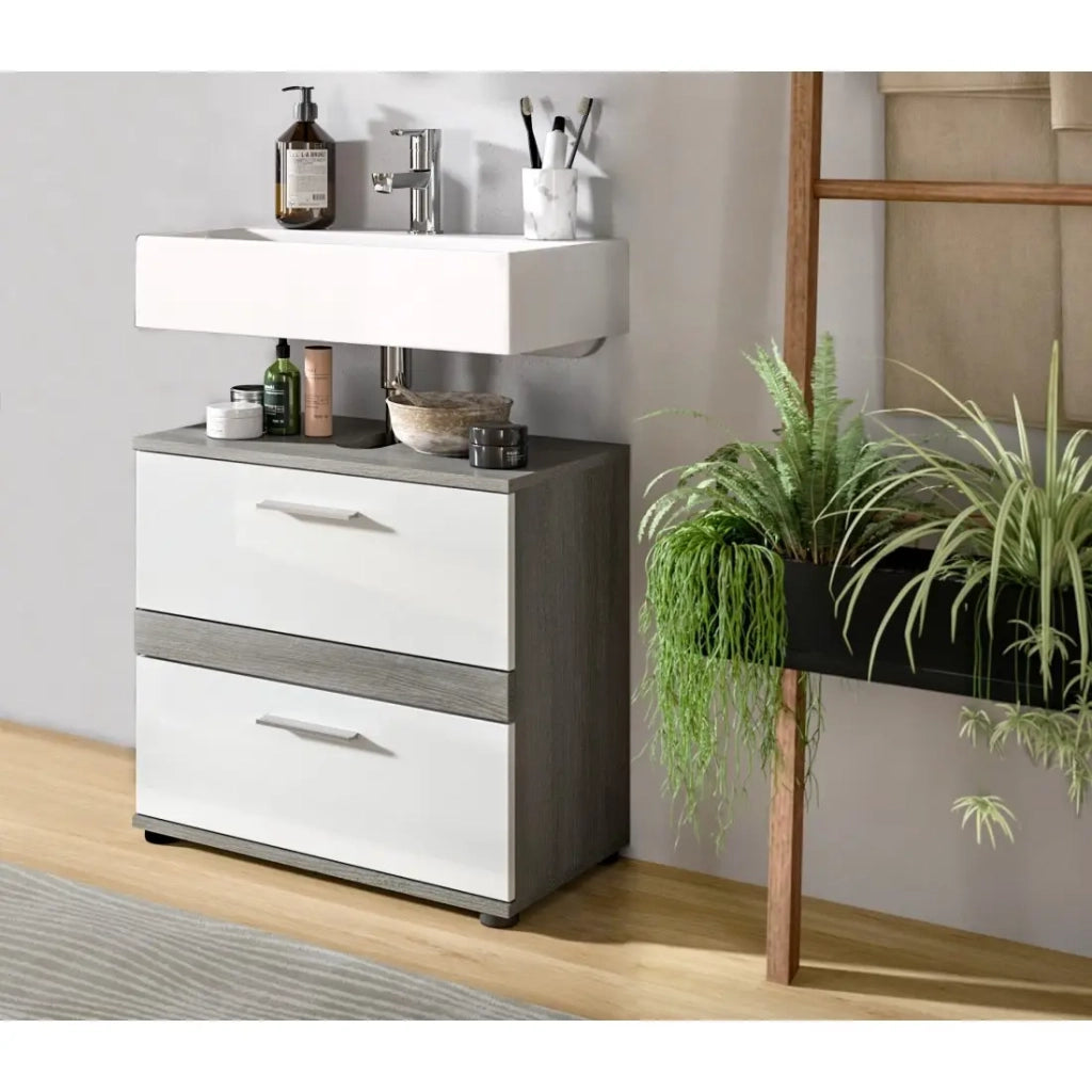 Mobile sottolavabo WILLIAM – Grigio scuro e bianco – 60x57x34 cm – 2 cassetti