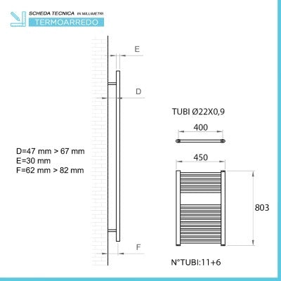 Termoarredo bagno scaldasalviette L 45x80 interasse 40 cm