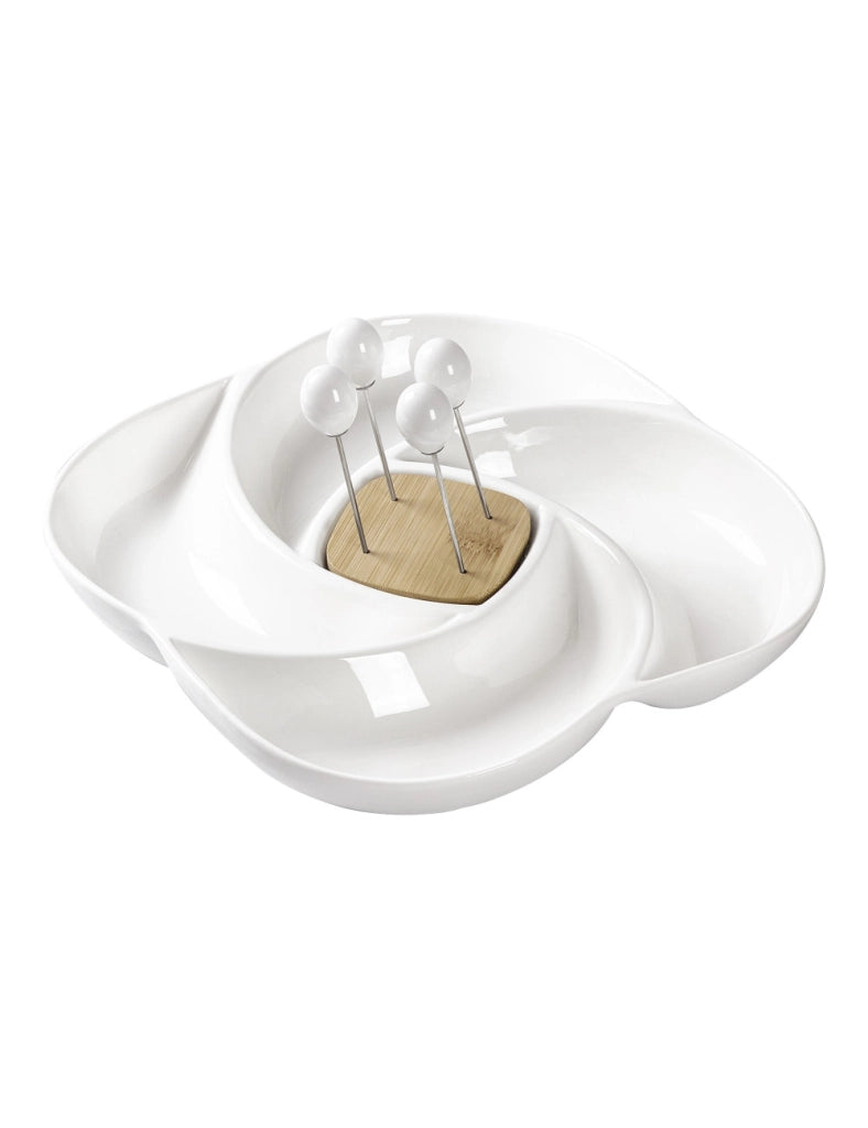 Antipastiera Girella Porcellana Bianca E Bamboo Con 4 Forchettine Inox