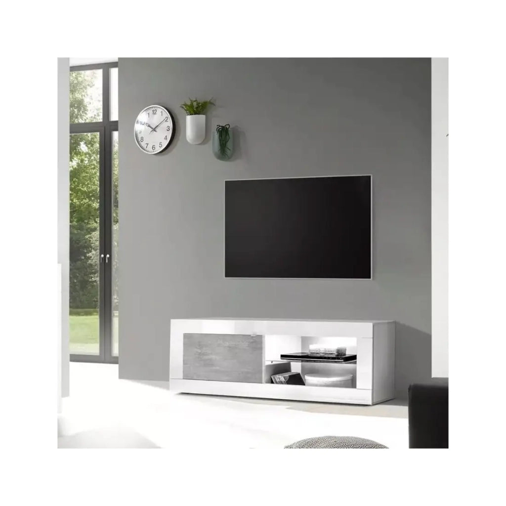 Mobile TV 1 porta, collezione ISORA, colori bianco lucido laccato e grigio effetto cemento