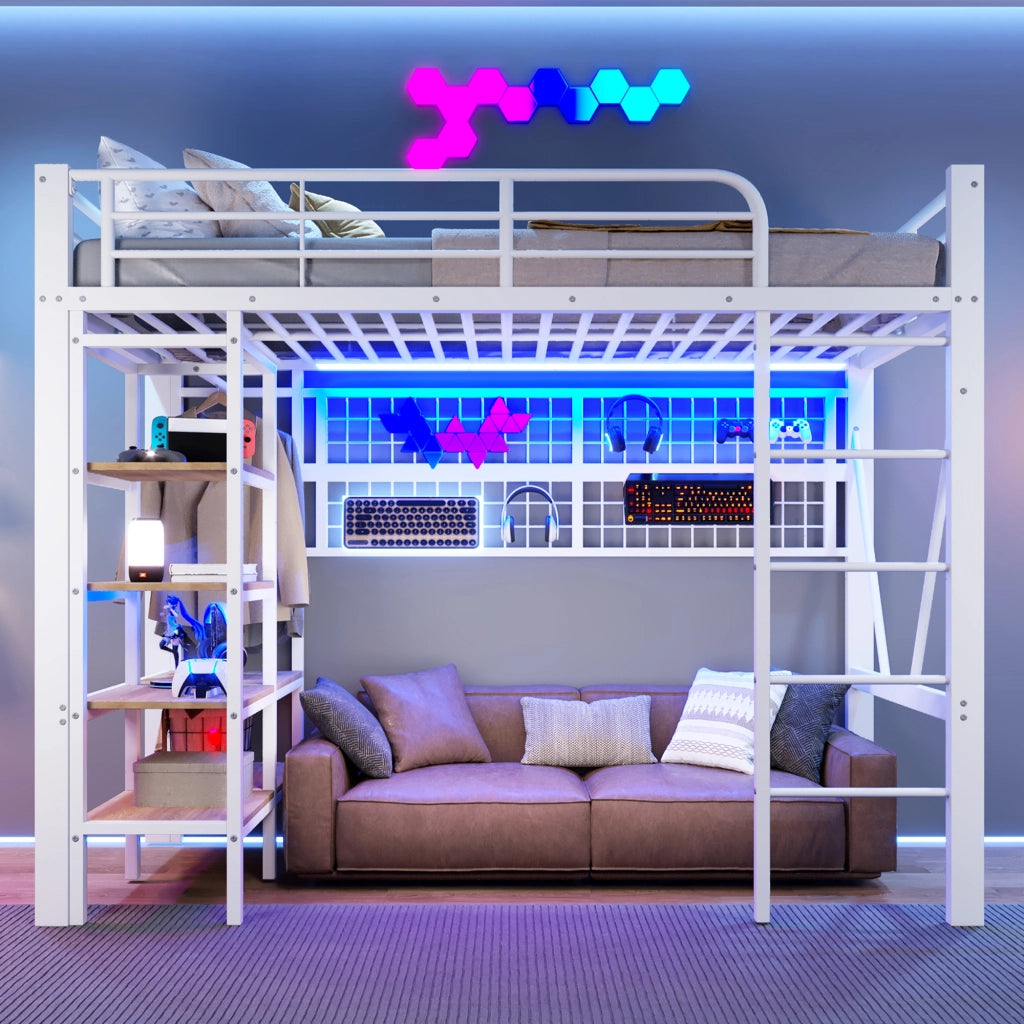 DESMIU Letto a Soppalco Letto Singolo 90 × 200 cm 1 Posto con LED Regolabile, Mensola e Rete Sospesa, senza Materasso
