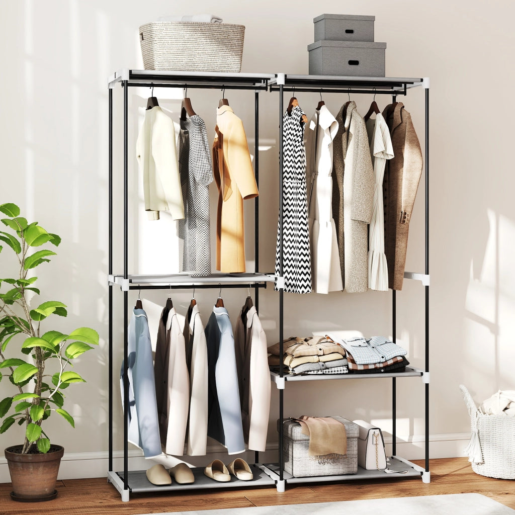 Armadio guardaroba aperto ¨C Xylo ¨C 4 ripiani in tessuto, 3 barre appendiabiti, struttura in metallo, grigio chiaro, 142x43x185 cm