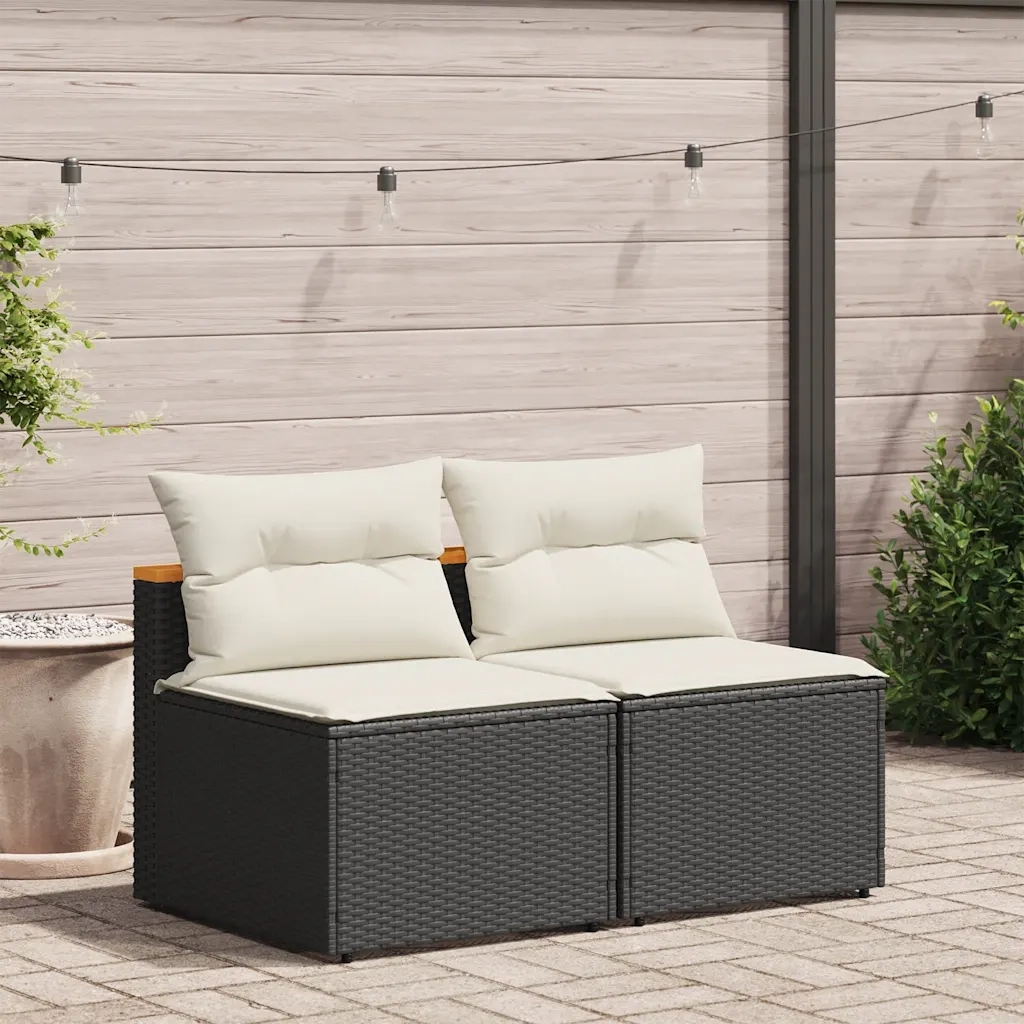 Divano Giardino Senza Braccioli con Cuscini 2pz-Sofa da Giardino-Divanetto da esterno Nero Polyrattan