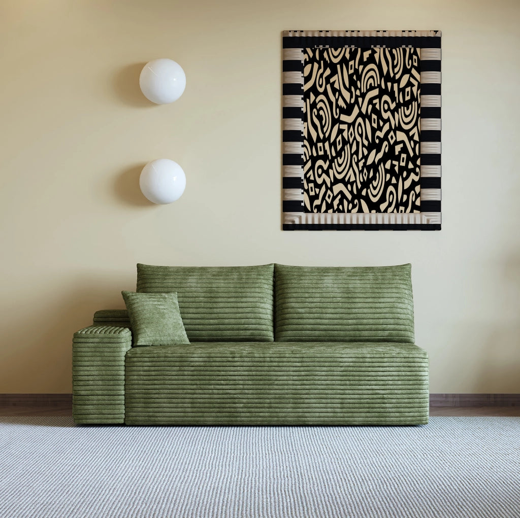 Divano modulare 2 posti con chaise longue reversibile, colore verde, in tessuto effetto corduroy
