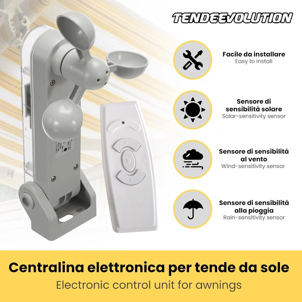 KIT Centralina Automatizzata con Telecomando e Sensore Integrato Sole, Vento e Pioggia per Tende da Sole
