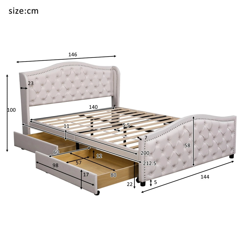 Letto Imbottito 140x200 con Doghe, 2 Cassetti e Testiera ¨C Xylo ¨C Bianco, Legno e Similpelle