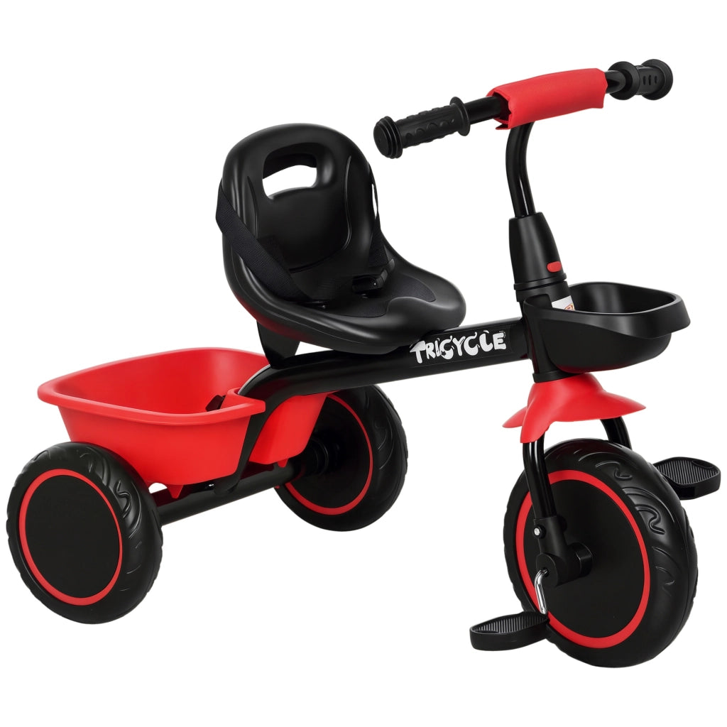 Triciclo Bambini Regolabile con Sedile e Cestini ¨C Minimal ¨C Rosso e Nero