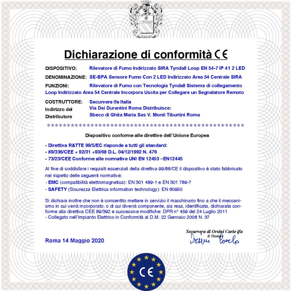 Rilevatore Ottico di Fumo Indirizzato Con Base Codice Tramite 10 Dipswitch Collegamento loop 2 Led Rossi Segnalano lo Stato dell'Impianto Uscita OC 100 mA per Segnalatore Ottico Remoto Sensore Fumo per Centrali Serie AREA54 SIRA