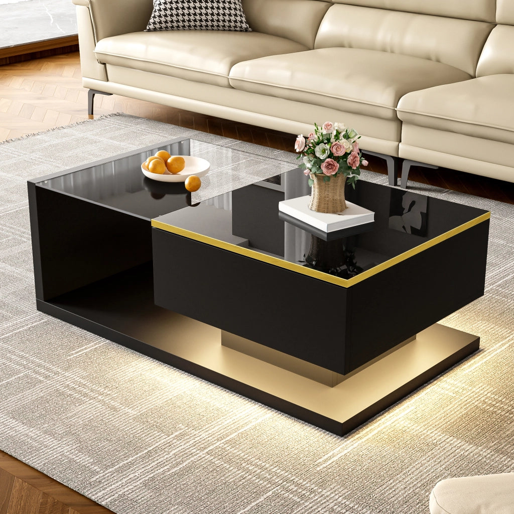 Tavolino da salotto 90 cm lucido nero - Zephmum- Effetto LED e vetro