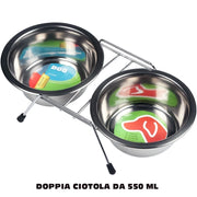 Trade Shop - Doppia Ciotola Con Supporto Per Cani 2x550ml Per Cibo Acqua Crocchette Acciaio -