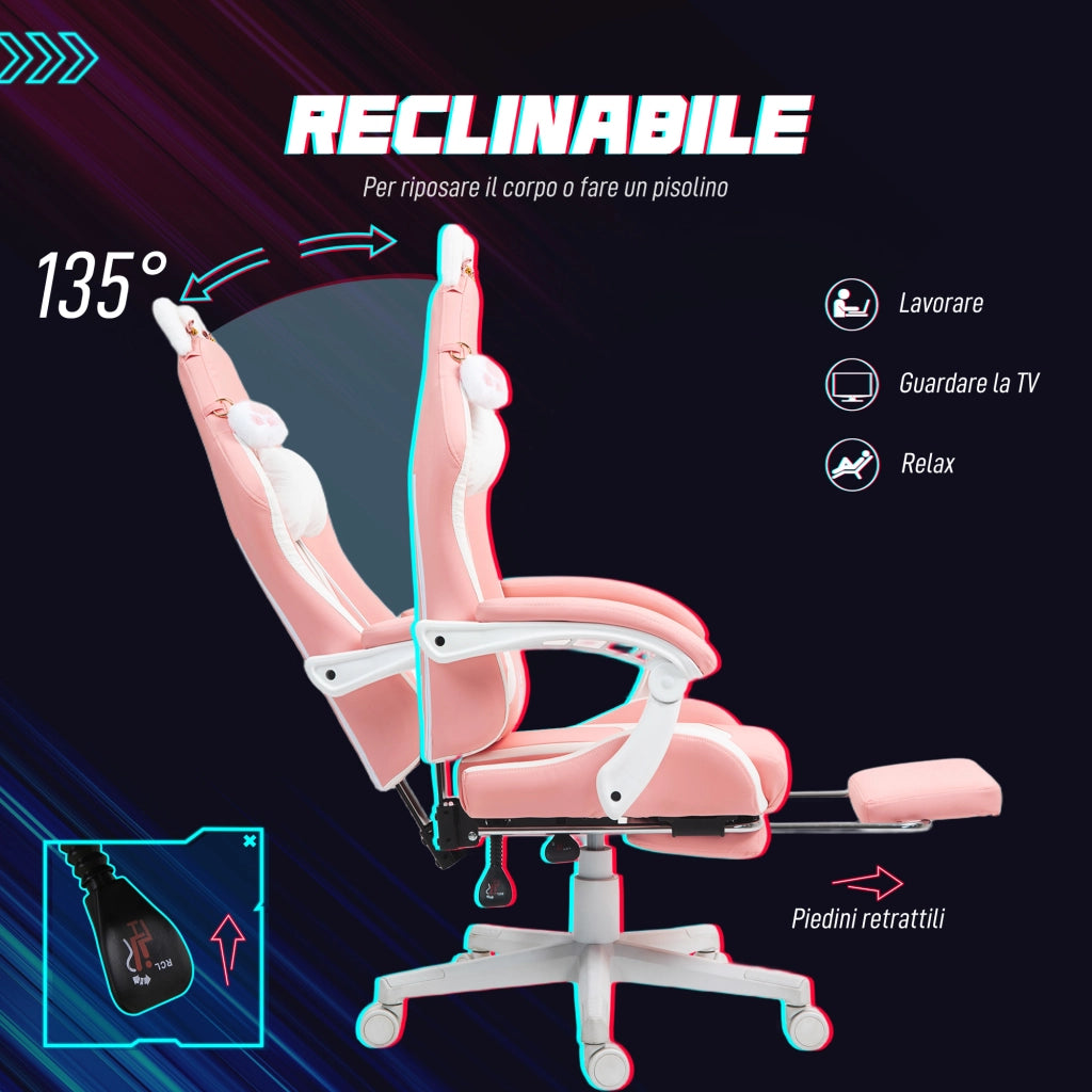 Sedia da Gaming con Orecchie da Gatto e Poggiapiedi ¨C Minimal ¨C Rosa