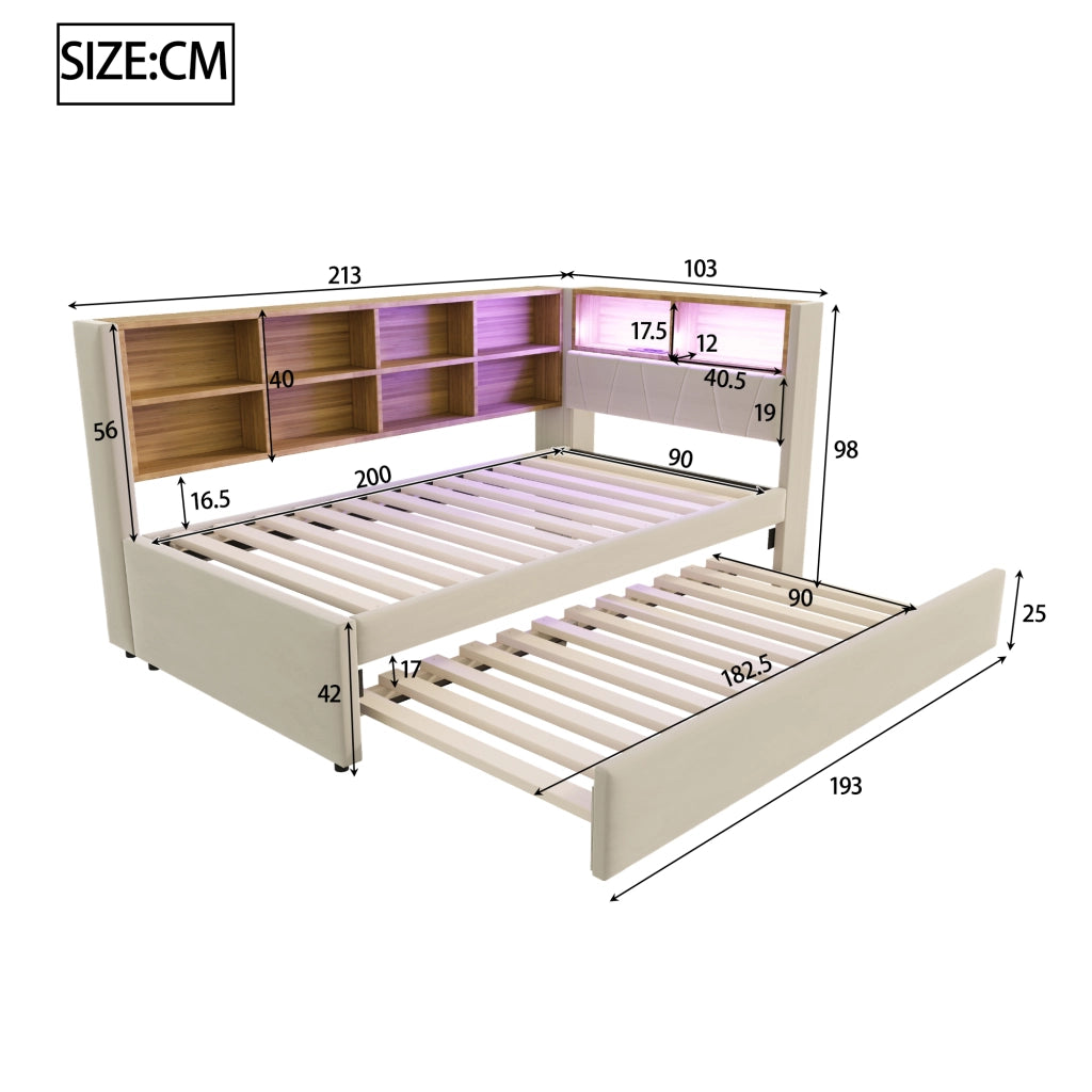 Divano letto 90x200 - Zephmum - LED, prese, ripiani, flanella beige