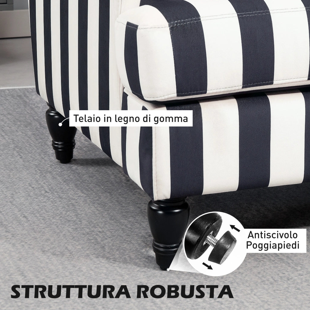 Poltrona da Salotto 115x82x82 cm con Seduta Ampia in Velluto a Righe con Molle a S Nero e Bianco