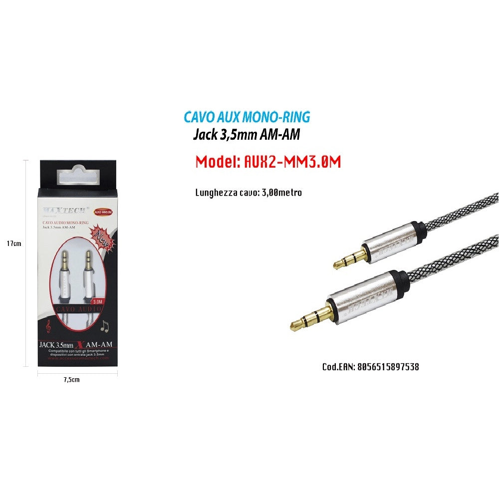 Trade Shop - Cavo Aux 3mt Audio Jack 3,5mm Am/am Prolunga Aux Per Smartphone Maxtech Aux2-mm3.0m -